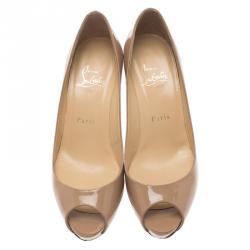Pre Owned Christian Louboutin Beige Patent No Matter Peep Toe Pumps Size 37