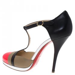 مملوكة مسبقًا Christian Louboutin Tri Color Leather T Strap Pumps Size 40