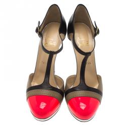 مملوكة مسبقًا Christian Louboutin Tri Color Leather T Strap Pumps Size 40