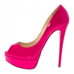 Pre Owned Christian Louboutin Hot Pink Patent Lady Peep Toe Platform Pumps Size 37.5