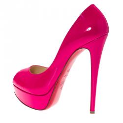Pre Owned Christian Louboutin Hot Pink Patent Lady Peep Toe Platform Pumps Size 37.5