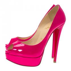 Pre Owned Christian Louboutin Hot Pink Patent Lady Peep Toe Platform Pumps Size 37.5