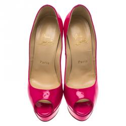 Pre Owned Christian Louboutin Hot Pink Patent Lady Peep Toe Platform Pumps Size 37.5