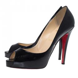 مملوكة مسبقًا حذاء كعب عالى كريستيان لوبوتان فيرى برايف مقدمة مفتوحة جلد أسود لامع مقاس 39