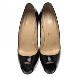 مملوكة مسبقًا حذاء كعب عالى كريستيان لوبوتان فيرى برايف مقدمة مفتوحة جلد أسود لامع مقاس 39