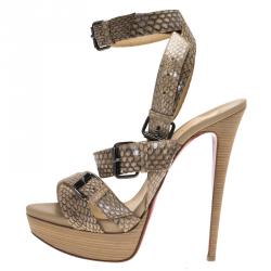 Pre Owned Christian Louboutin Beige Cobra Toutenkaboucle Strappy Platform Sandals Size 39.5