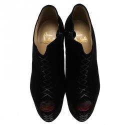 Pre Owned Christian Louboutin Black Suede Recouzetta Peep Toe Platform Ankle Boots Size 36.5