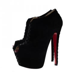 Pre Owned Christian Louboutin Black Suede Recouzetta Peep Toe Platform Ankle Boots Size 36.5