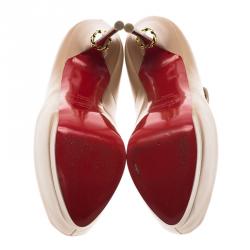 مملوكة مسبقًا Christian Louboutin Beige Leather Printz Metallic Heel Peep Toe Platform Pumps Size 36.5