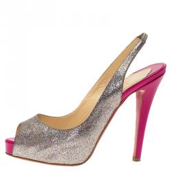 Pre Owned Christian Louboutin Silver Glitter N°Prive Peep Toe Slingback Sandals Size 35.5