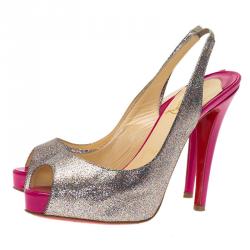 Pre Owned Christian Louboutin Silver Glitter N°Prive Peep Toe Slingback Sandals Size 35.5