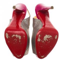 Pre Owned Christian Louboutin Silver Glitter N°Prive Peep Toe Slingback Sandals Size 35.5