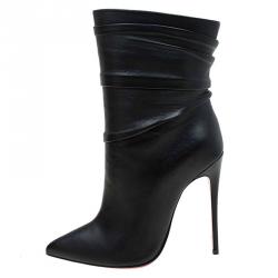 Pre Owned Christian Louboutin Black Ruched Leather Ishtar Mid Calf Boots Size 36.5
