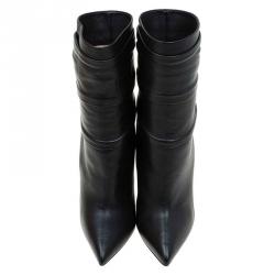 Pre Owned Christian Louboutin Black Ruched Leather Ishtar Mid Calf Boots Size 36.5