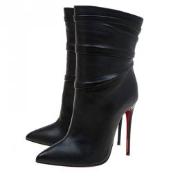 Pre Owned Christian Louboutin Black Ruched Leather Ishtar Mid Calf Boots Size 36.5