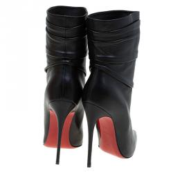 Pre Owned Christian Louboutin Black Ruched Leather Ishtar Mid Calf Boots Size 36.5