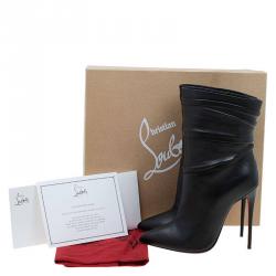 Pre Owned Christian Louboutin Black Ruched Leather Ishtar Mid Calf Boots Size 36.5