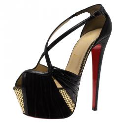 Pre Owned Christian Louboutin Black Patent and Suede Divinoche Platform Sandals Size 38.5
