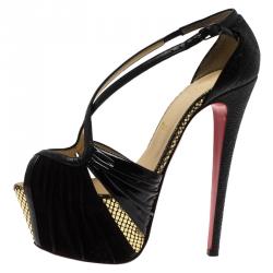 Pre Owned Christian Louboutin Black Patent and Suede Divinoche Platform Sandals Size 38.5