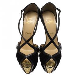 Pre Owned Christian Louboutin Black Patent and Suede Divinoche Platform Sandals Size 38.5