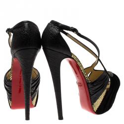 Pre Owned Christian Louboutin Black Patent and Suede Divinoche Platform Sandals Size 38.5