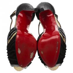 Pre Owned Christian Louboutin Black Patent and Suede Divinoche Platform Sandals Size 38.5