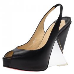 Pre Owned Christian Louboutin Black Leather Rosemin Plexi Wedge Sandals Size 36