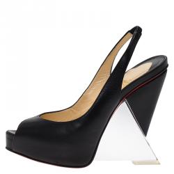 Pre Owned Christian Louboutin Black Leather Rosemin Plexi Wedge Sandals Size 36