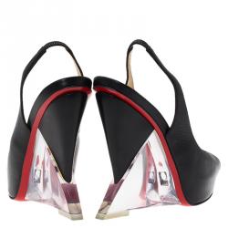Pre Owned Christian Louboutin Black Leather Rosemin Plexi Wedge Sandals Size 36