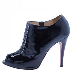 Pre Owned Christian Louboutin Black Patent Christ Lace Up Peep Toe Ankle Boots Size 37