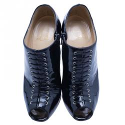 Pre Owned Christian Louboutin Black Patent Christ Lace Up Peep Toe Ankle Boots Size 37