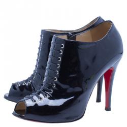 Pre Owned Christian Louboutin Black Patent Christ Lace Up Peep Toe Ankle Boots Size 37
