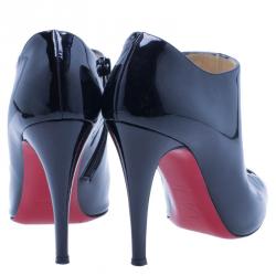 Pre Owned Christian Louboutin Black Patent Christ Lace Up Peep Toe Ankle Boots Size 37
