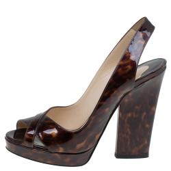 Pre Owned Christian Louboutin Tortoise Patent Marpoil Block Heel Slingback Sandals Size 38.5