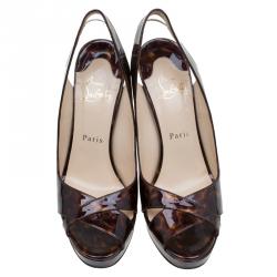 Pre Owned Christian Louboutin Tortoise Patent Marpoil Block Heel Slingback Sandals Size 38.5
