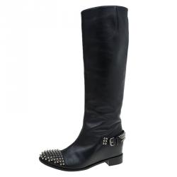 مملوكة مسبقًا Christian Louboutin Black Leather Spike Cap Toe Egoutina Knee Boots Size 41