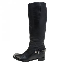 مملوكة مسبقًا Christian Louboutin Black Leather Spike Cap Toe Egoutina Knee Boots Size 41