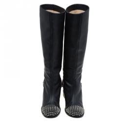 مملوكة مسبقًا Christian Louboutin Black Leather Spike Cap Toe Egoutina Knee Boots Size 41