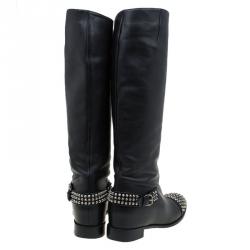 مملوكة مسبقًا Christian Louboutin Black Leather Spike Cap Toe Egoutina Knee Boots Size 41