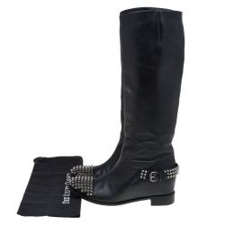 مملوكة مسبقًا Christian Louboutin Black Leather Spike Cap Toe Egoutina Knee Boots Size 41