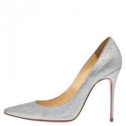 Pre Owned Christian Louboutin Silver Glitter Decollete 554 Pumps Size 38