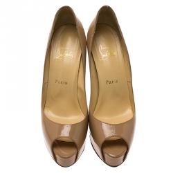 Pre Owned Christian Louboutin Beige Patent New Very Prive Peep Toe Pumps Size 38