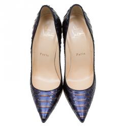 مملوكة مسبقًا حذاء كعب عالى كريستيان لوبوتان سو كايت جلد ثعبان أزرق ميتاليك مقاس 36.5