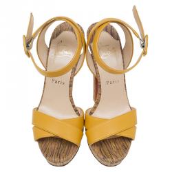 مملوكة مسبقًا Christian Louboutin Yellow Leather Criss Cross Ankle Strap Platform Sandals Size 36