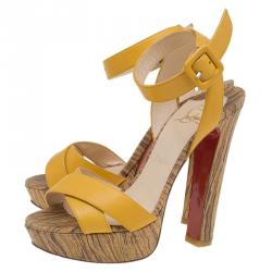 مملوكة مسبقًا Christian Louboutin Yellow Leather Criss Cross Ankle Strap Platform Sandals Size 36