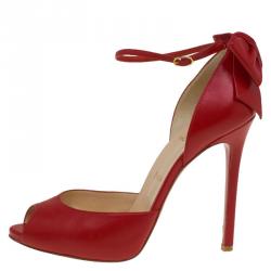 مملوكة مسبقًا Christian Louboutin Red Leather Noeud Bow Embellished Peep Toe Pumps Size 40