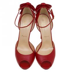 مملوكة مسبقًا Christian Louboutin Red Leather Noeud Bow Embellished Peep Toe Pumps Size 40