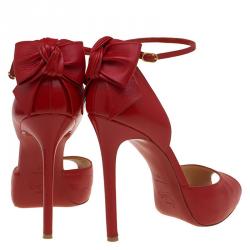 مملوكة مسبقًا Christian Louboutin Red Leather Noeud Bow Embellished Peep Toe Pumps Size 40