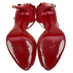 مملوكة مسبقًا Christian Louboutin Red Leather Noeud Bow Embellished Peep Toe Pumps Size 40