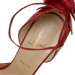 مملوكة مسبقًا Christian Louboutin Red Leather Noeud Bow Embellished Peep Toe Pumps Size 40